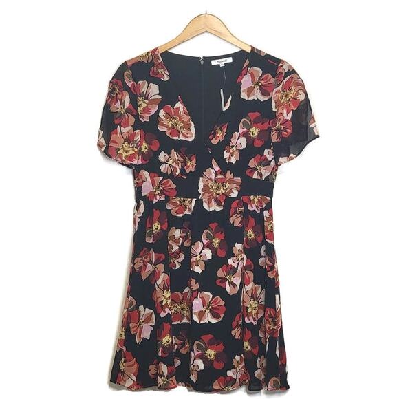Madewell Black Red Floral Mini Dress V Neck Short Sleeve Fit and Flare Chic 4 - Picture 16 of 16